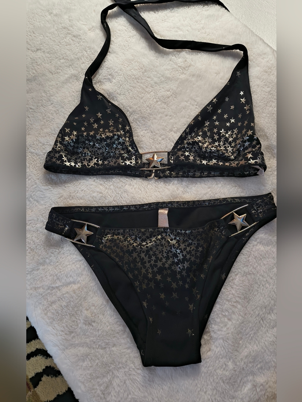 Vintage Victoria Secret Black Metallic Star Two-Piece Bikini Set. Top M Bottom S